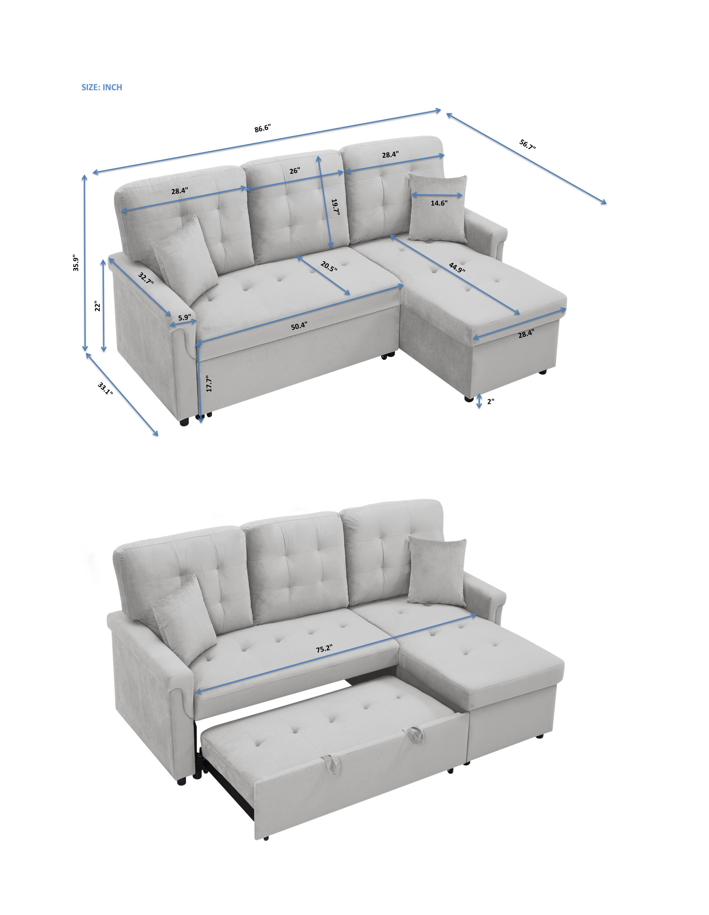 Velvet Reversible Sectional Sofa with Pull Out sleeper, L-Shaped Couch Chaise with Storage For Living Room & Apartment - Atlantic Fine Furniture Inc