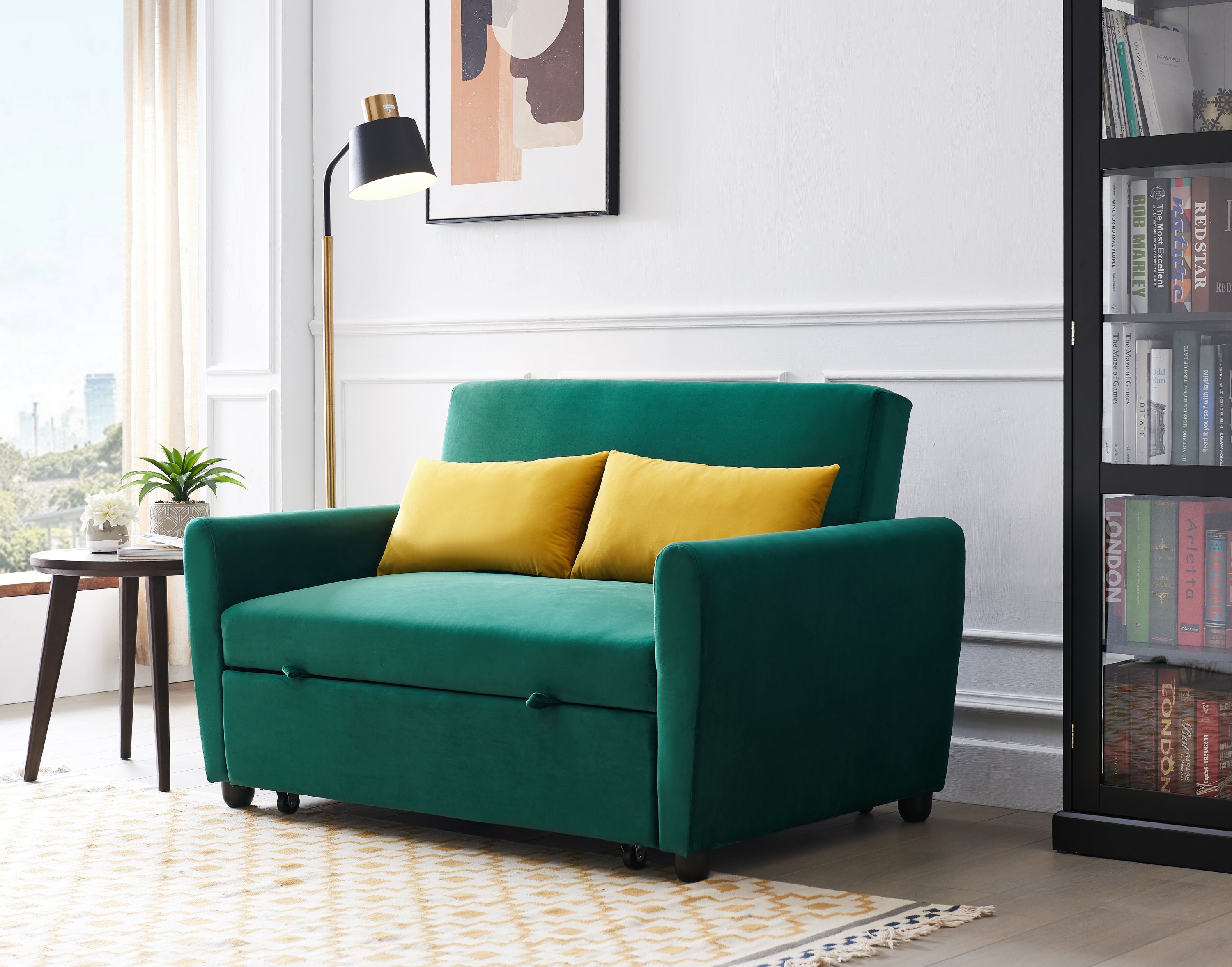 [VIDEO provided]55" Modern Velvet Sofa with Pull-Out Sleeper Bed with 2 Pillows Adjustable Backrest for Small Spaces Green - Atlantic Fine Furniture Inc