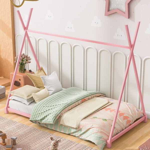 Metal Twin Size House Platform Bed With Triangle Structure, Pink
