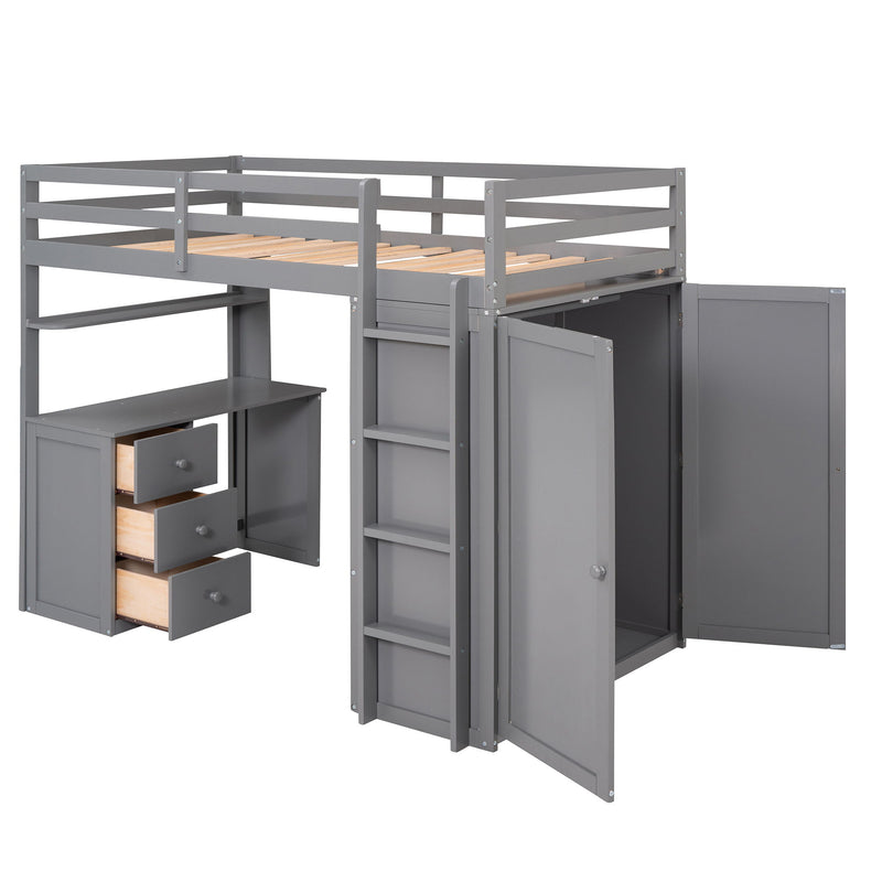 Twin Size Loft Bed With Drawers, Desk, And Wardrobe - Gray