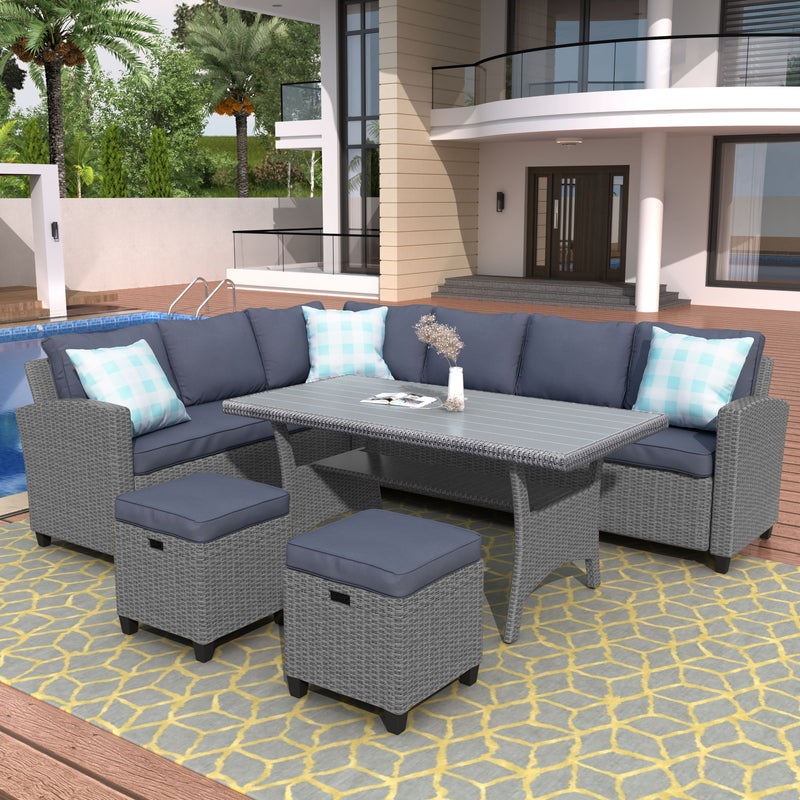 Patio Furniture Set - Outdoor Conversation Set - Dining Table Chair With Ottoman And Throw Pillows