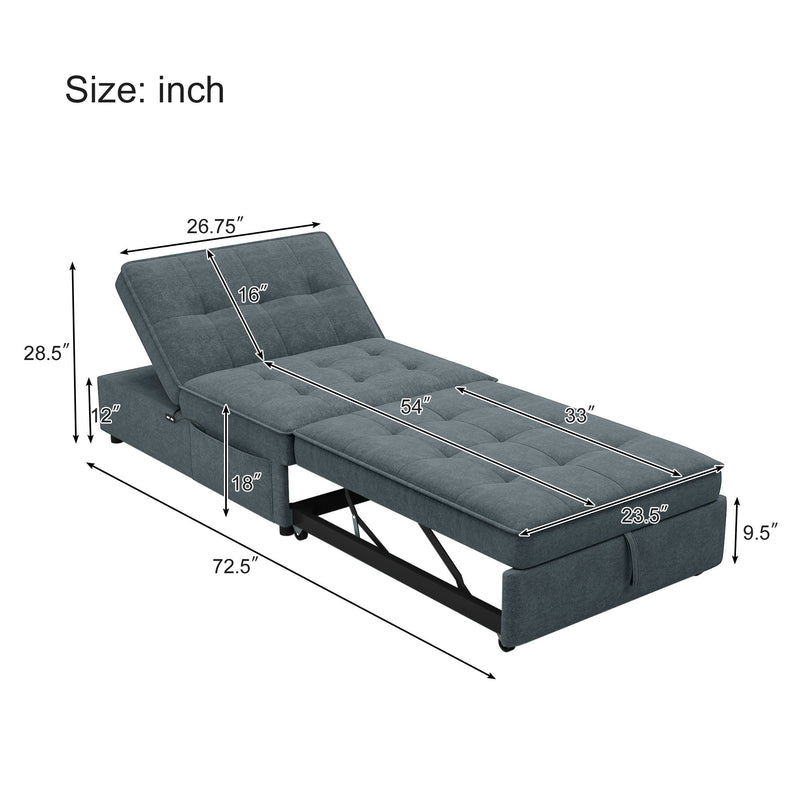 4-In-1 Sofa Bed, Chair Bed, Multi - Function Folding Ottoman Bed With Storage Pocket And USB Port For Small Room Apartment, Living Room, Bedroom, Hallway, Deep Blue