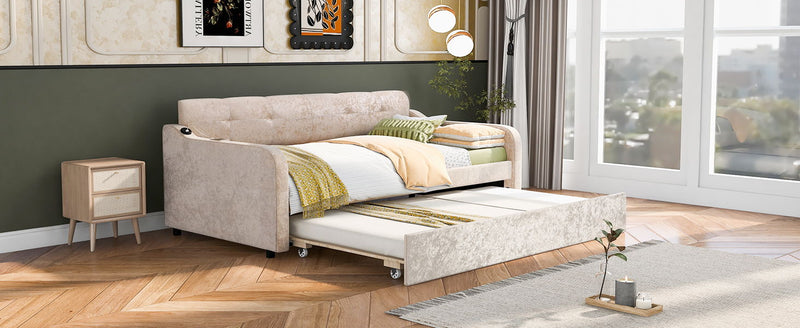 Twin Size Snowflake Velvet Daybed With Trundle And USB Charging Design, Beige