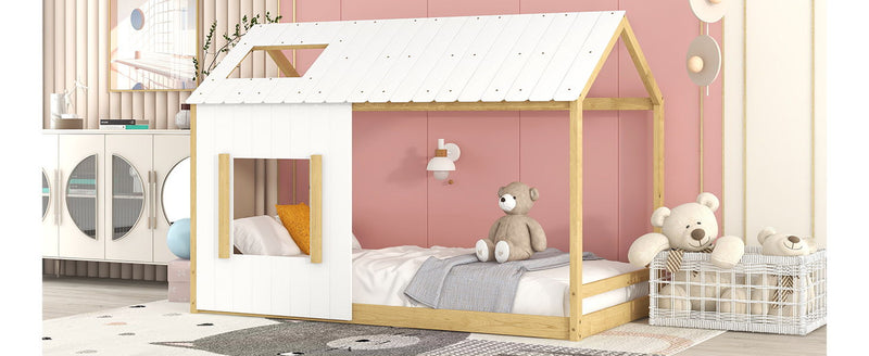 Twin Size House Bed With Roof And Window - White / Natural