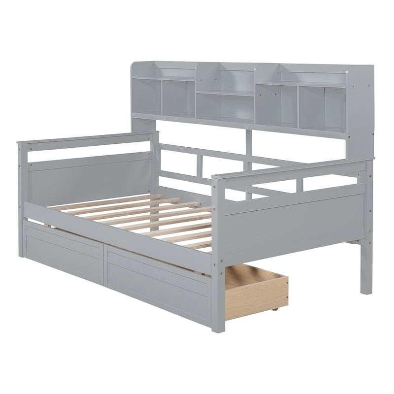 Twin Size Daybed, Wood Slat Support, With Bedside Shelves And Two Drawers, Gray