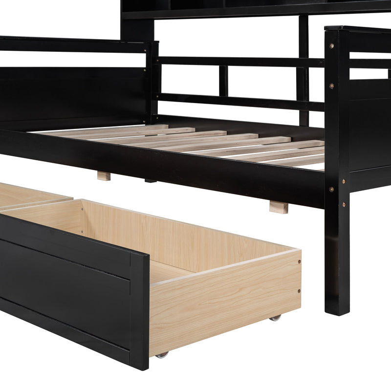 Twin Size Daybed, Wood Slat Support, With Bedside Shelves And Two Drawers, Espresso