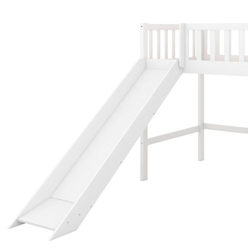 Twin Size Low Loft Bed With Ladder And Slide, White