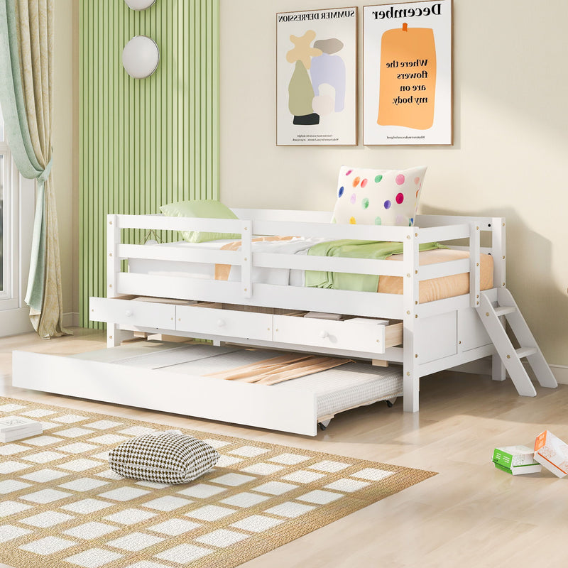 Low Loft Bed Twin Size With Full Safety Fence, Climbing Ladder, Storage Drawers And Trundle White Solid Wood Bed