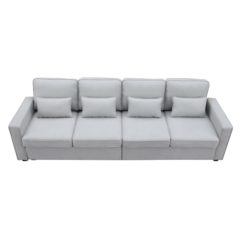 104" 4-Seater Modern Linen Fabric Sofa With Armrest Pockets And 4 Pillows, Minimalist Style Couch For Living Room, Apartment