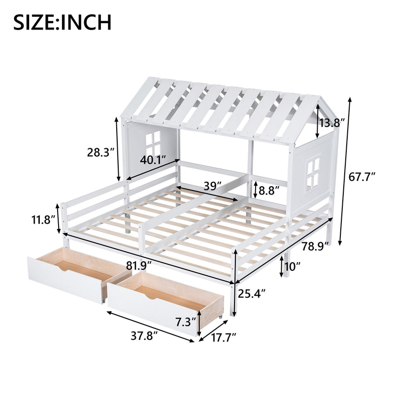 Twin Size House Platform Beds With Two Drawers For Boy And Girl Shared Beds, Combination Of 2 Side By Side Twin Beds, White