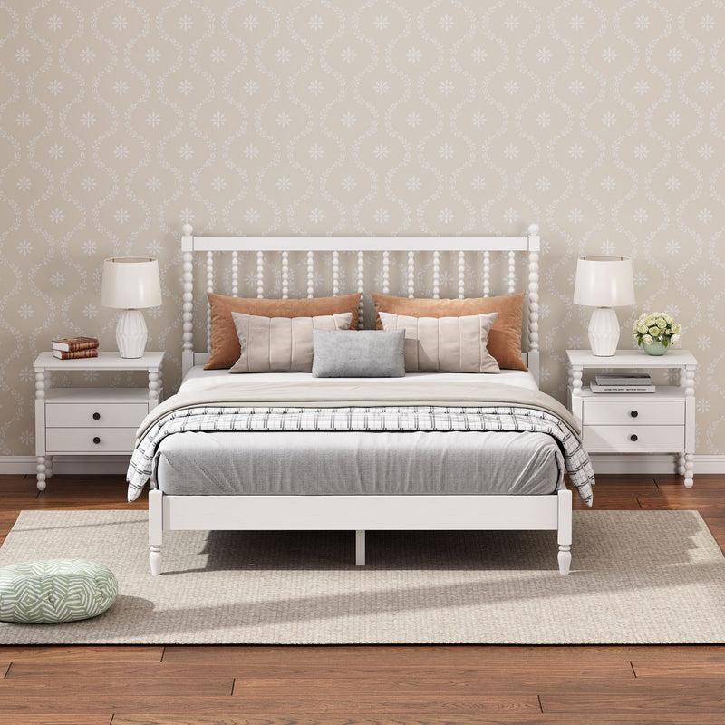 3 Pieces Bedroom Sets King Size Wood Platform Bed With Gourd Shaped Headboard, Antique White
