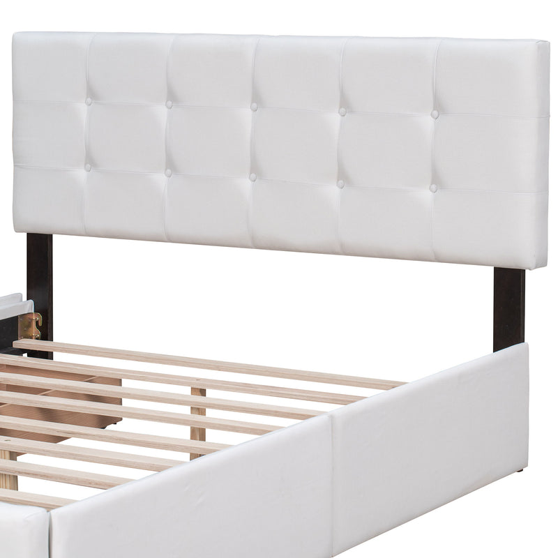 Upholstered Platform Bed With Classic Headboard And 4 Drawers, No Box Spring Needed, Linen Fabric, Queen Size White