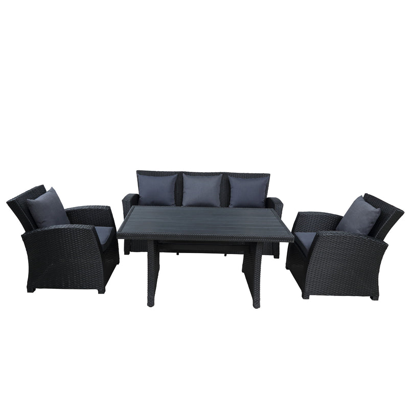 U_Style 4 Piece Outdoor Patio Furniture Set Conversation Set Black Wicker Furniture Sofa Set With Dark Gray Cushions