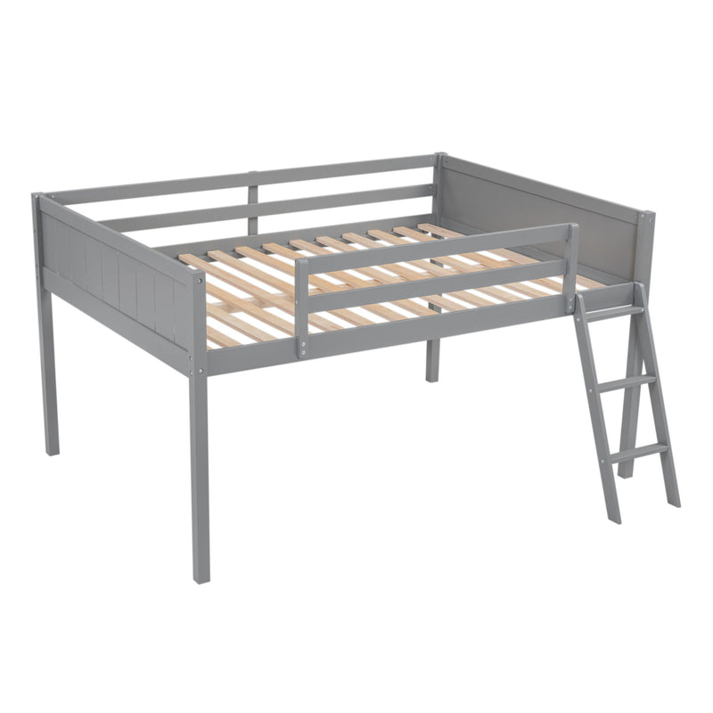 Full Size Wood Loft Bed With Ladder, Ladder Can Be Placed On The Left Or Right, Gray