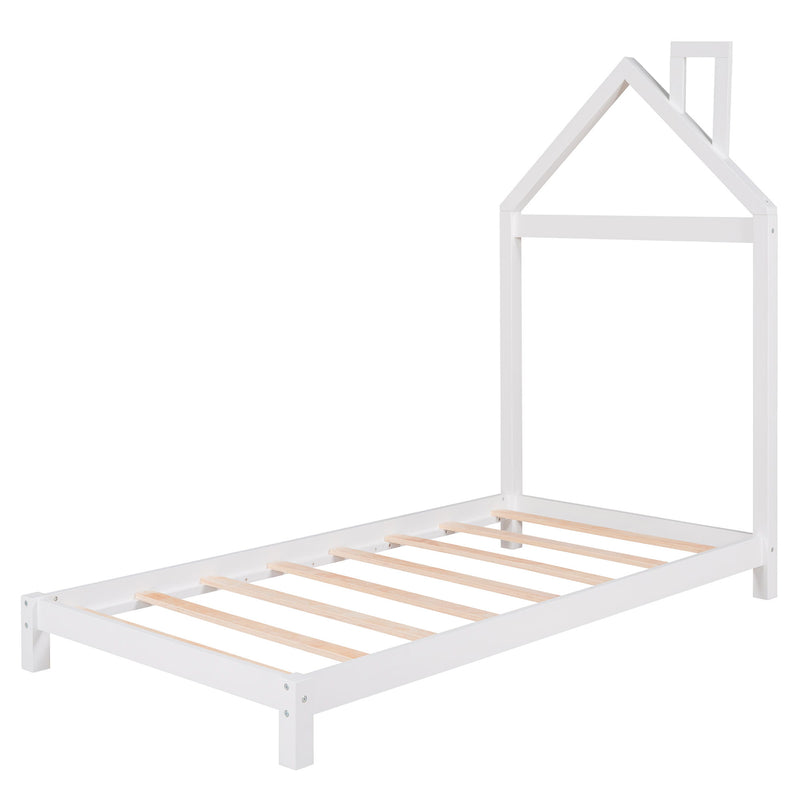 Twin Size Wood Platform Bed With House Shaped Headboard (White)