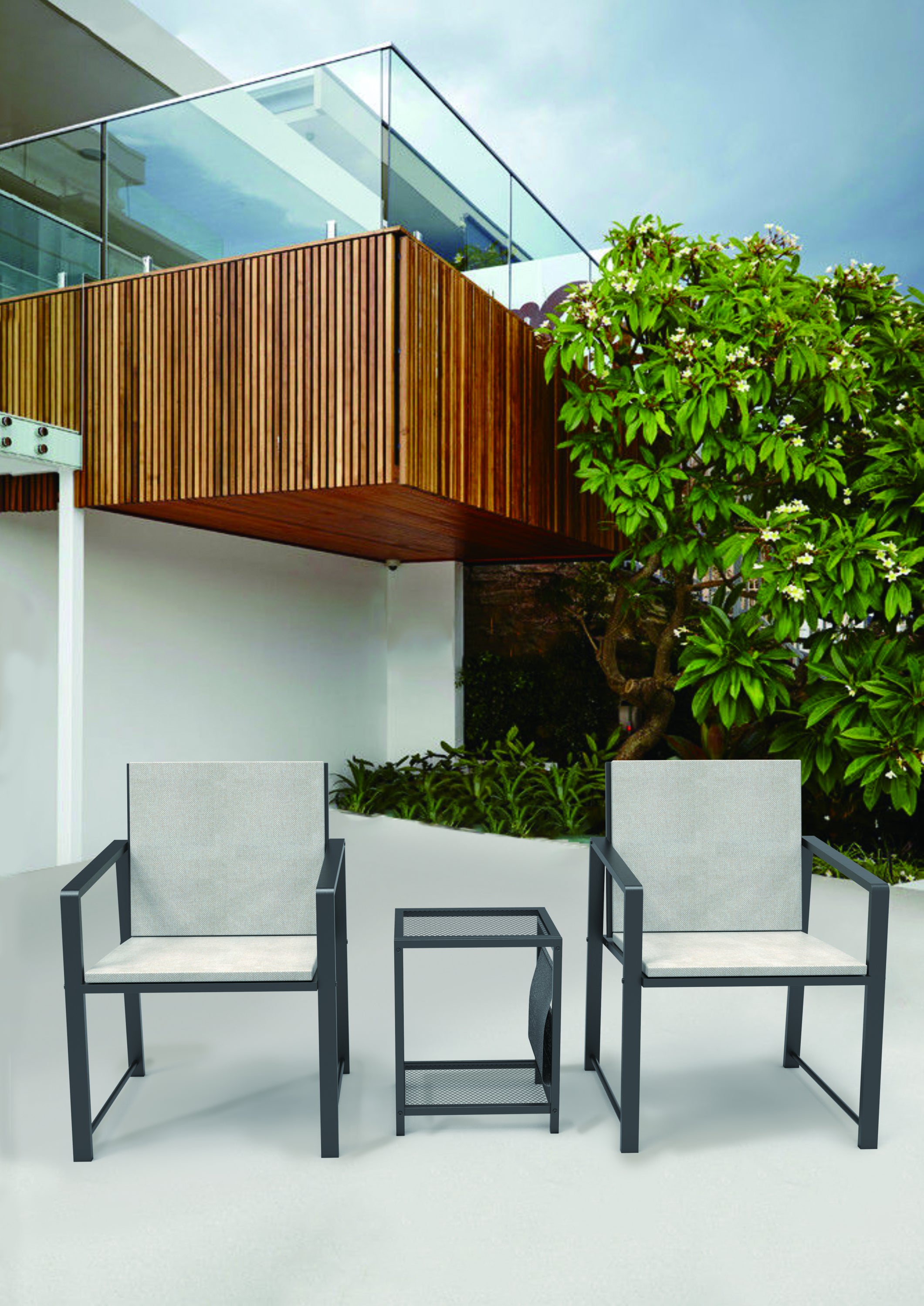 Outdoor Patio Furniture 3 pieces Set Garden Armchair Coffee Side Table,Black Frame, Modern Design - Atlantic Fine Furniture Inc