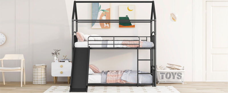 Twin Over Twin Metal Bunk Bed With Slide, Kids House Bed - Black