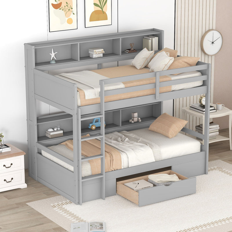 Twin Size Bunk Bed With Built-In Shelves Beside Both Upper And Down Bed And Storage Drawer, Gray