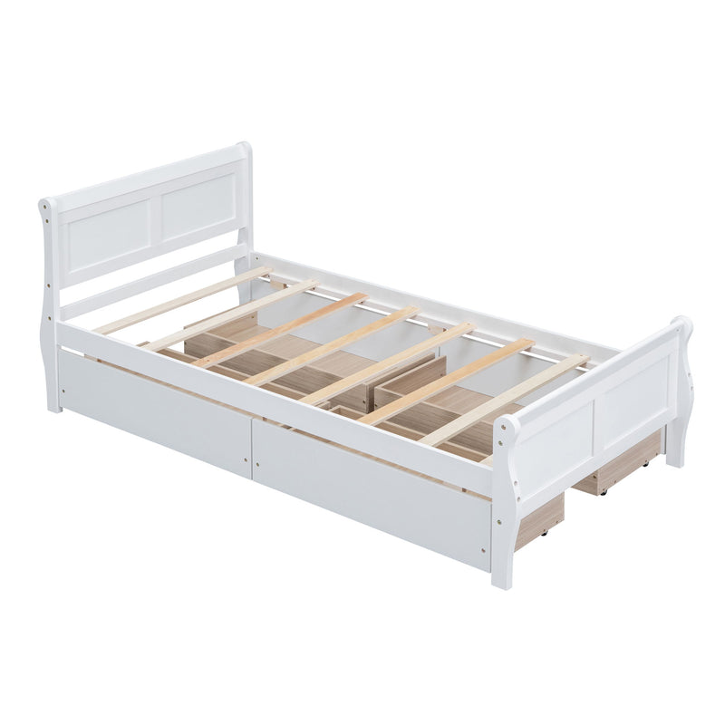 Twin Size Wood Platform Bed With 4 Drawers And Streamlined Headboard & Footboard, White