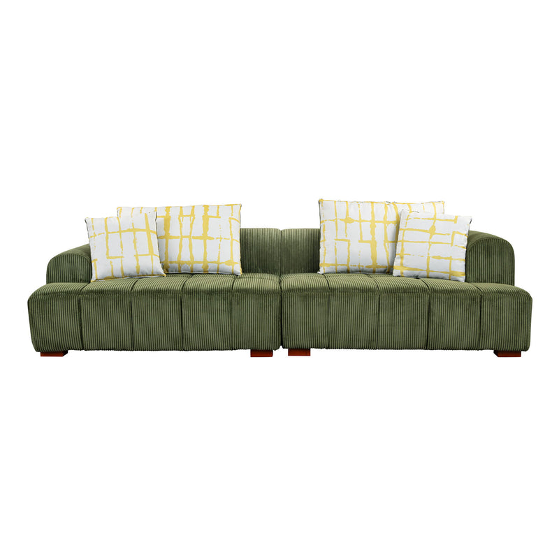 103.9" Modern Couch Corduroy Fabric Comfy Sofa With Rubber Wood Legs, 4 Pillows For Living Room, Bedroom, Office, Green
