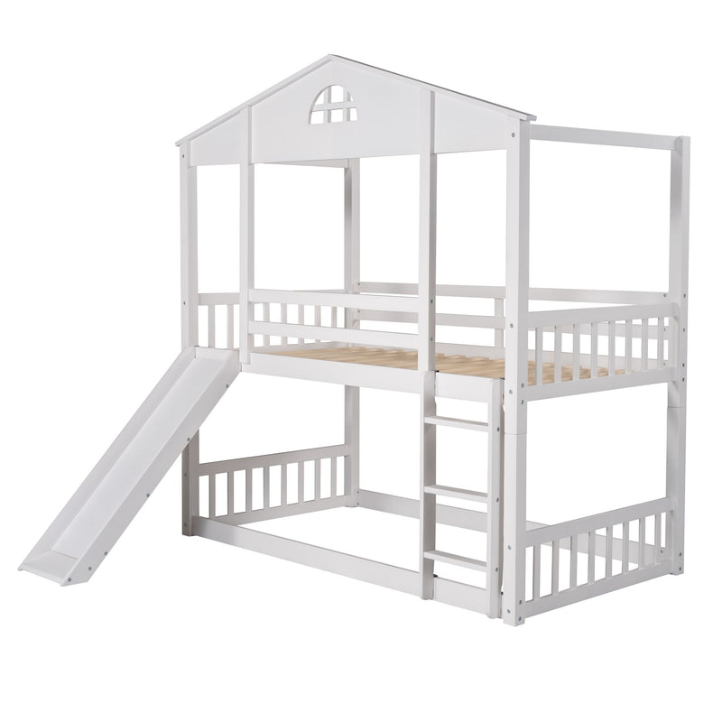 Twin Over Twin House Bunk Bed, Convertible Slide And Ladder, Converts Into 2 Separate Platform Beds - White