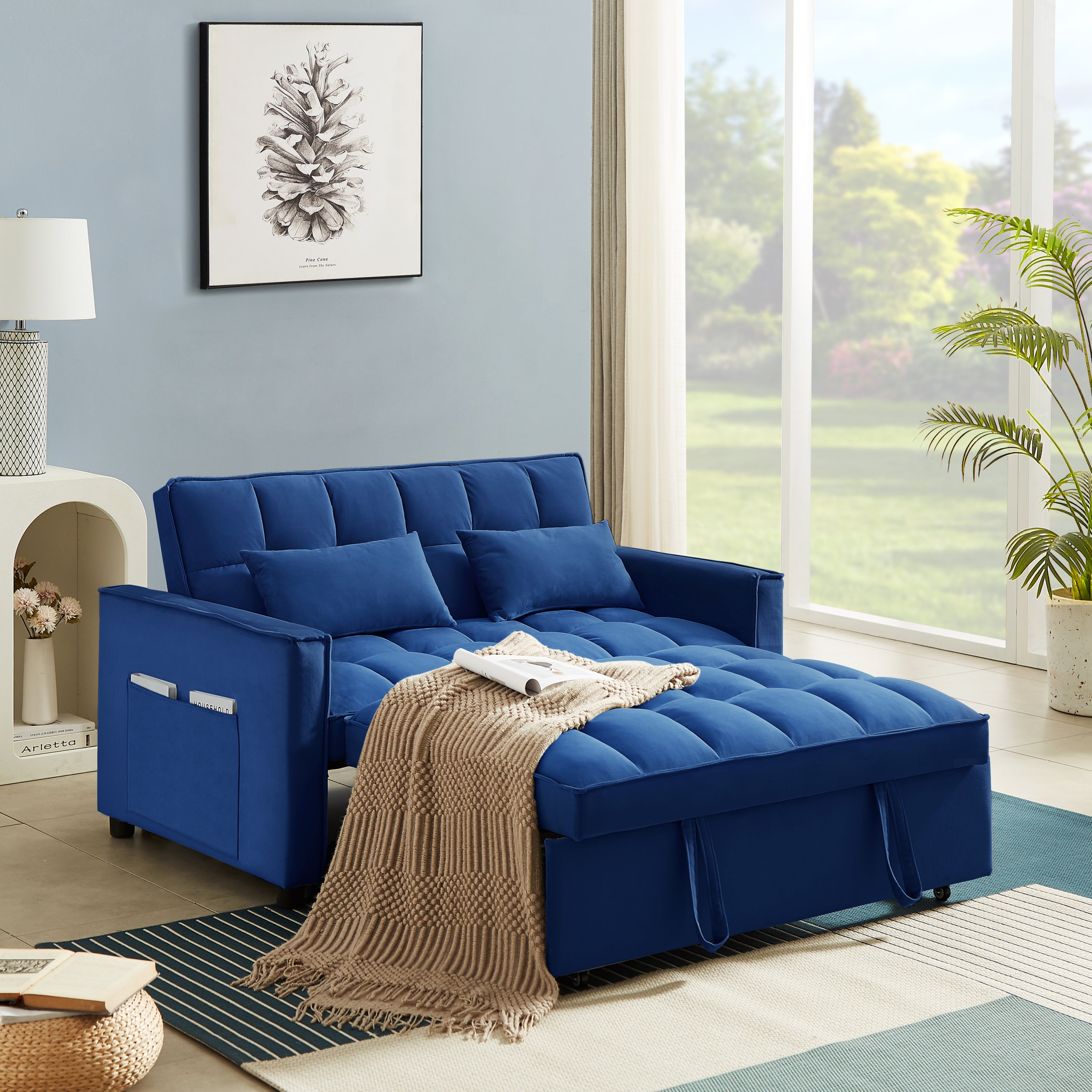 Modern Velvet Convertible Loveseat Sleeper Sofa Couch with Adjustable Backrest, 2 Seater Sofa With Pull-Out Bed with 2 Lumbar Pillows For Small Living Room & Apartment - Atlantic Fine Furniture Inc