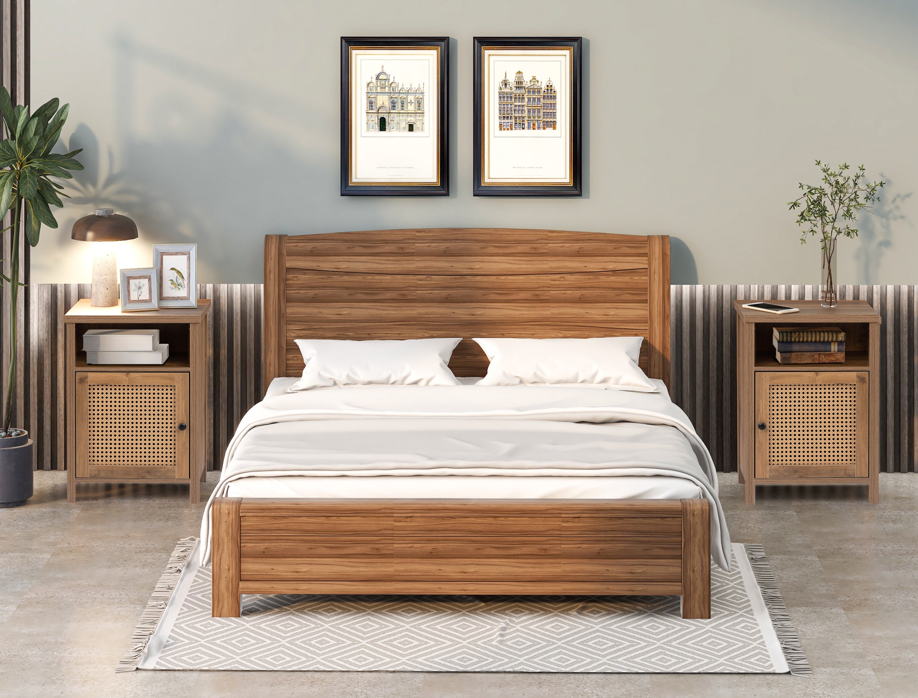 bedside cupboard,Bedside table, drawer cabinet, single door side cabinet, rattan cabinet door, yellow - Atlantic Fine Furniture Inc