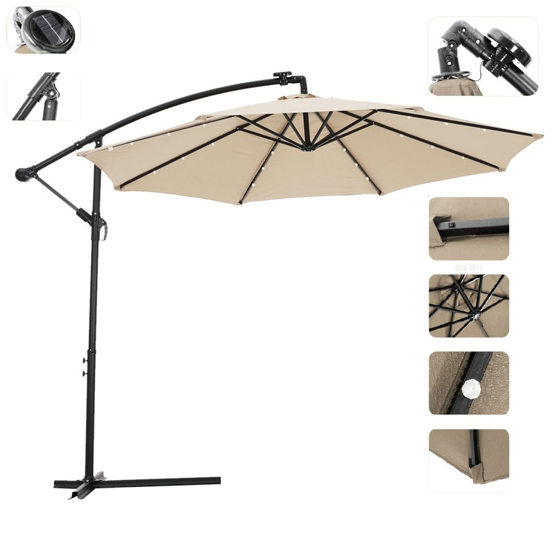 10 FT Solar LED Patio Outdoor Umbrella Hanging Cantilever Umbrella Offset Umbrella Easy Open Adustment with 24 LED Lights - tan Atlantic Fine Furniture Inc