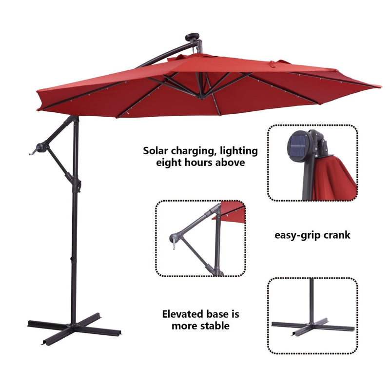 10 FT Solar LED Patio Outdoor Umbrella Hanging Cantilever Umbrella Offset Umbrella Easy Open Adustment with 32 LED Lights Atlantic Fine Furniture Inc