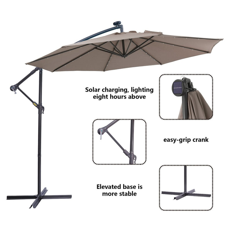10 FT Solar LED Patio Outdoor Umbrella Hanging Cantilever Umbrella Offset Umbrella Easy Open Adustment with 32 LED Lights-Dark Taupe Atlantic Fine Furniture Inc