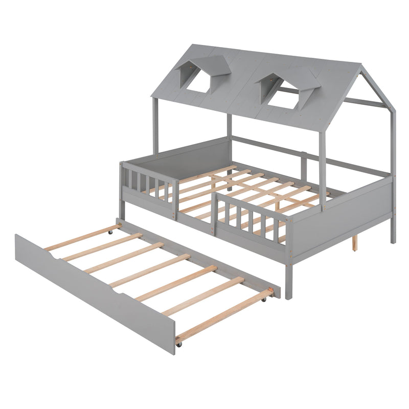 Full Size House Bed Wood Bed With Twin Size Trundle (Gray)