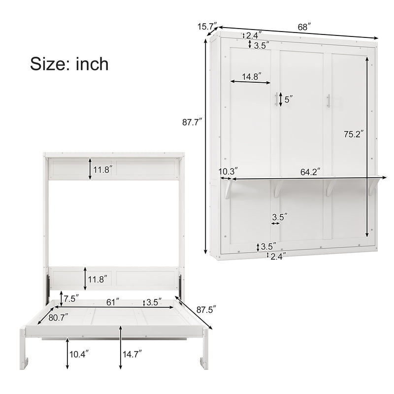 Queen Size Murphy Bed, 68-Inch Cabinet Bed Folding Wall Bed With Desk Combo Perfect For Guest Room, Study, Office, White