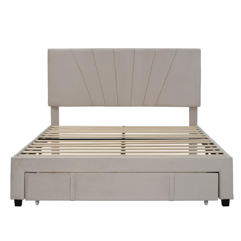 Queen Size Storage Bed Upholstered Platform Bed With Big Drawer - Beige - Fabric