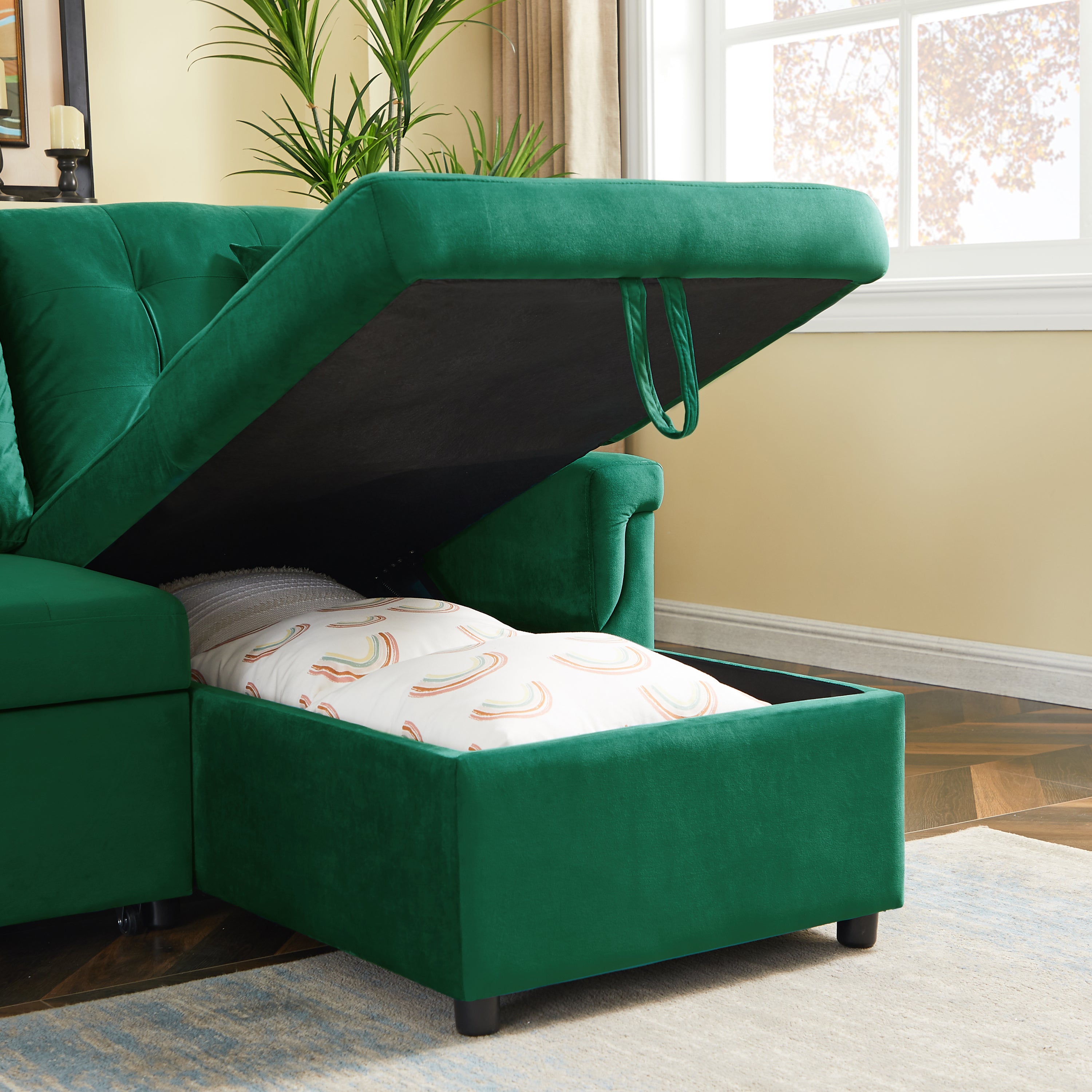 Velvet Reversible Sectional Sofa with Pull Out sleeper, L-Shaped Couch Chaise with Storage For Living Room & Apartment - Atlantic Fine Furniture Inc