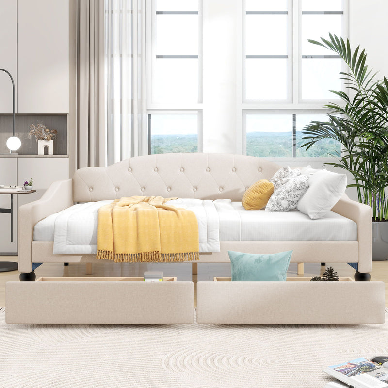 Full Size Upholstered Tufted Daybed With Two Drawers, Beige