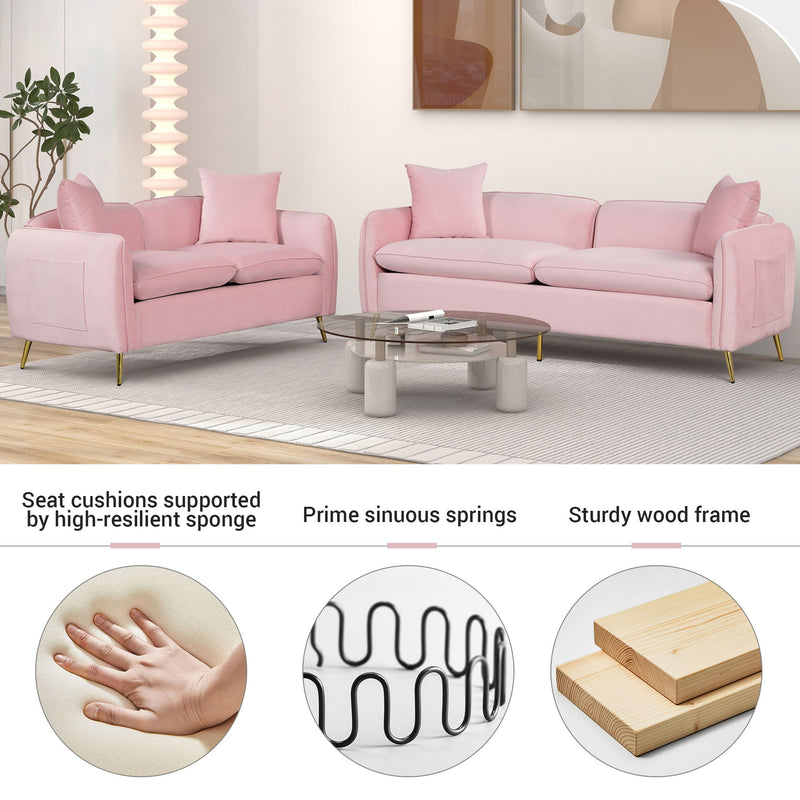 77.5" Velvet Upholstered Sofa With Armrest Pockets, 3 - Seat Couch With 2 Pillows And Golden Metal Legs For Living Room, Apartment, Home Office, Pink