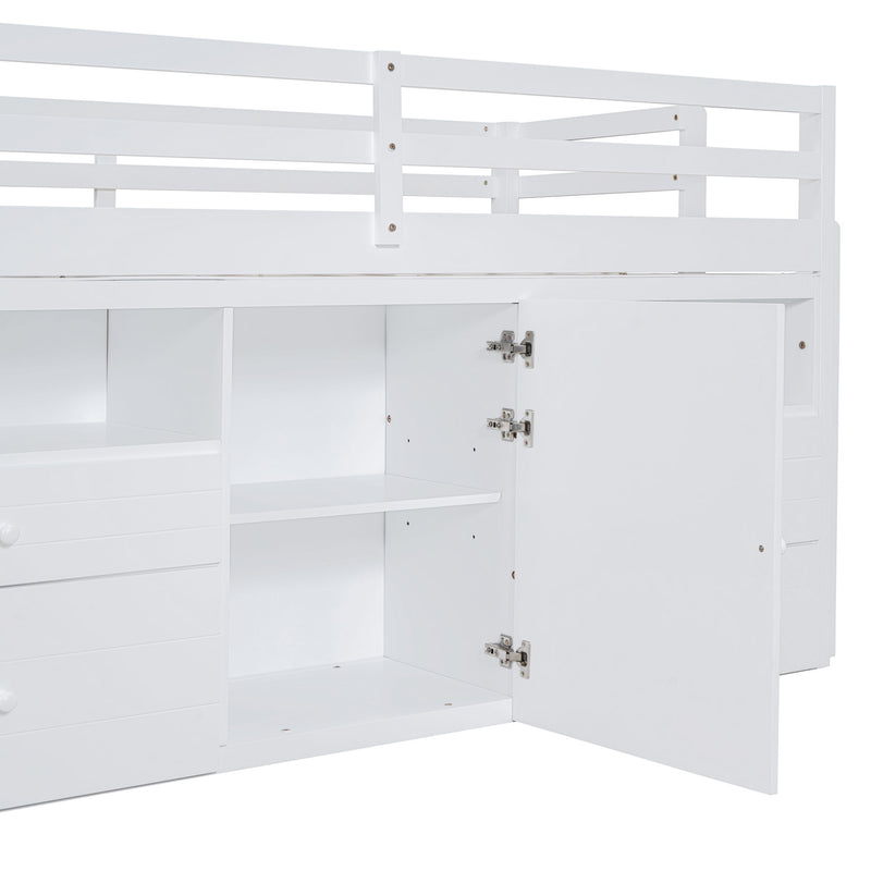 Twin Size Loft Bed With 4 Drawers, Underneath Cabinet And Shelves, White