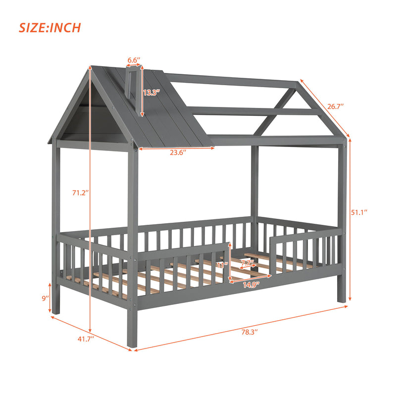 Twin Size Wood House Bed With Fence, Gray