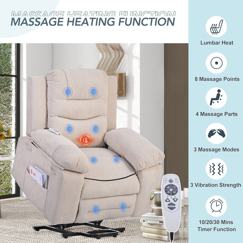 Massage Recliner, Power Lift Chair For Elderly With Adjustable Massage And Heating Function, Recliner Chair With Infinite Position And Side Pocket For Living Room - Beige
