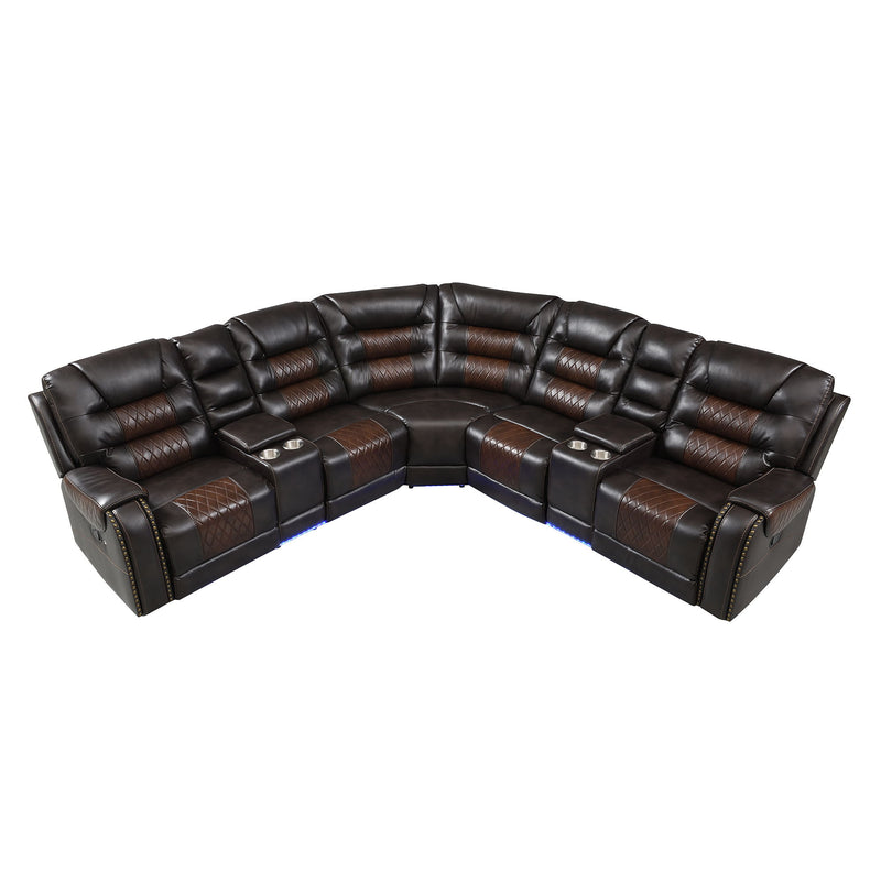 Manual Reclining Sectional Sofa Set L-Shaped Symmetrical Motion Sofa Corner Couch Sets With Storage Boxes, 4 Cup Holders And LED Light Strip For Living Room, Brown