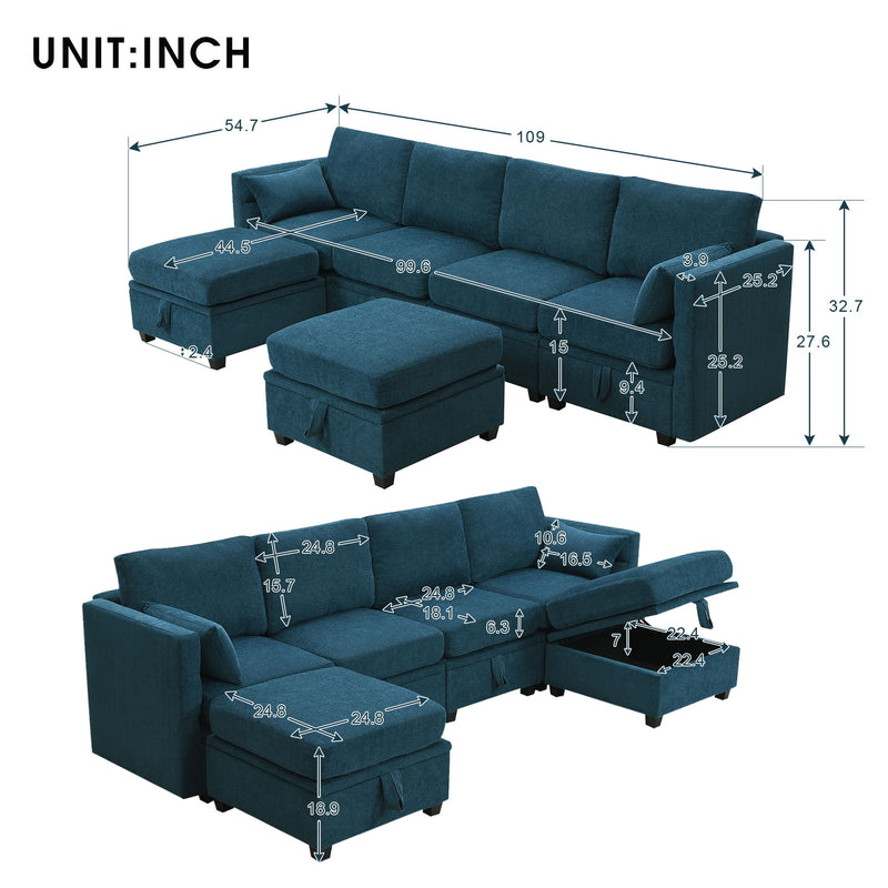 109*54.7" Chenille Modular Sectional Sofa, U Shaped Couch With Adjustable Armrests And Backrests, 6 Seat Reversible Sofa Bed With Storage Seats For Living Room, Apartment, 2 Colors