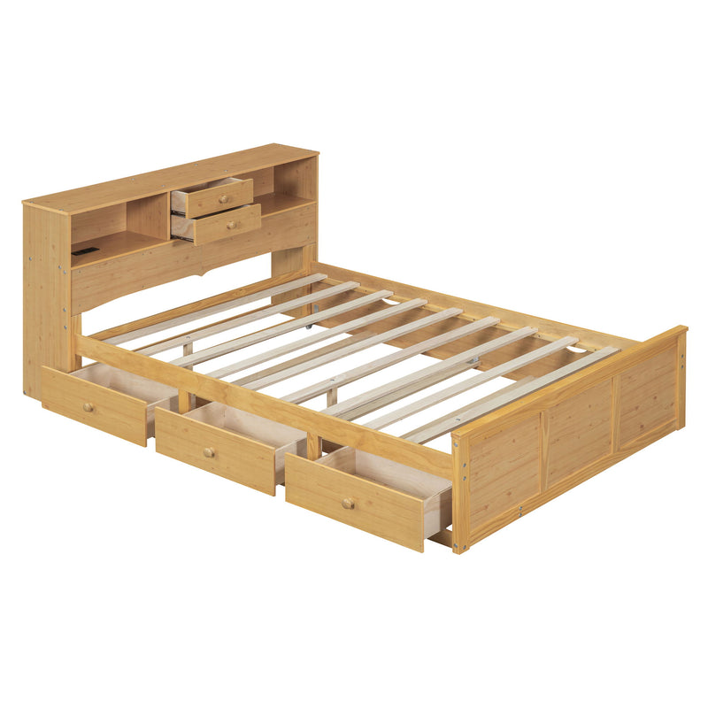 Full Size Wood Pltaform Bed With Twin Size Trundle, 3 Drawers, Upper Shelves And A Set Of USB Ports & Sockets, Natural