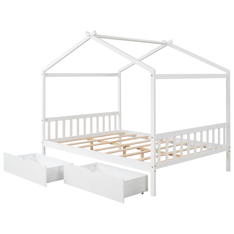 Full Size House Platform Bed With Two Drawers, Headboard And Footboard, Roof Design, White