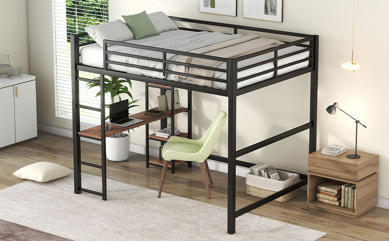 Full Size Metal Loft Bed With Built-In Desk And Storage Shelves, Black (Don't Sold Separately)