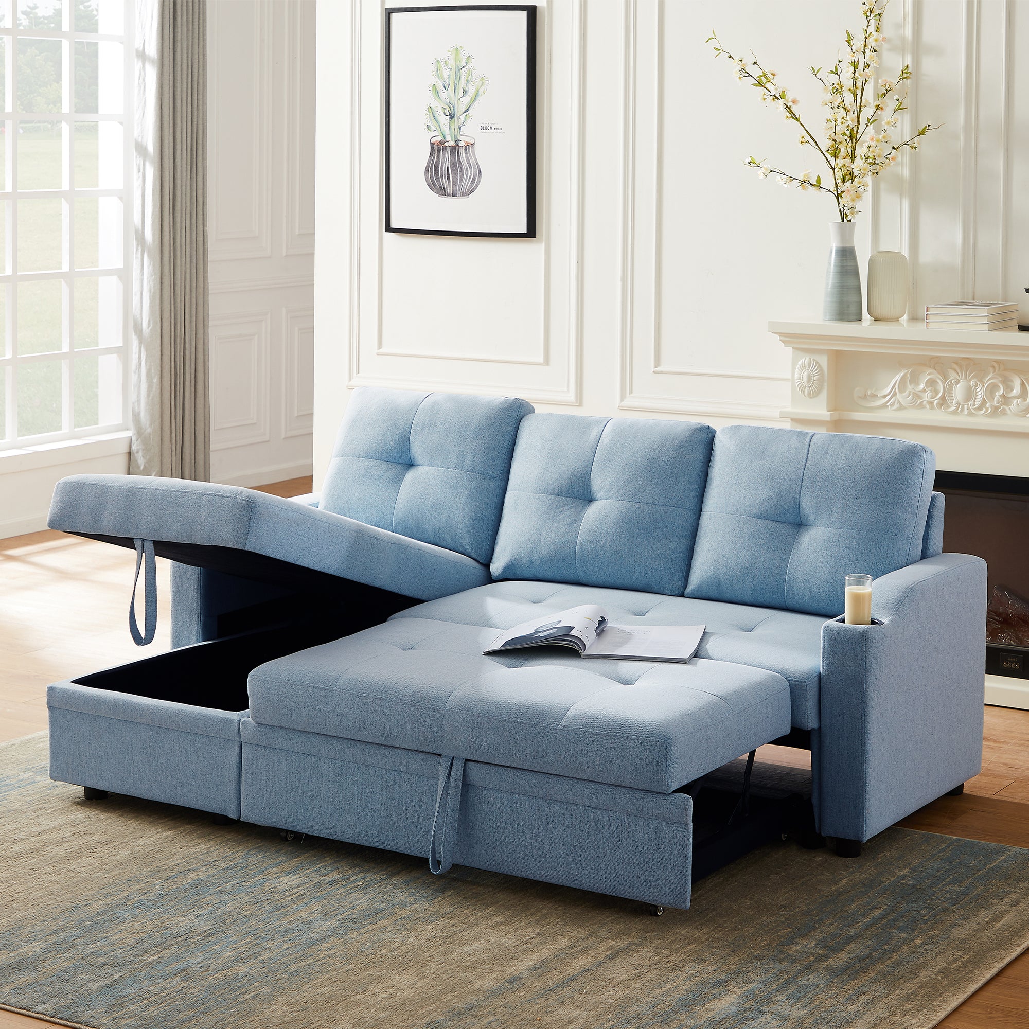 Orisfur. 81" Sleeper Sofa Bed Reversible Sectional Couch with Storage Chaise and Two Cup Holders for Living Room Furniture Set - Atlantic Fine Furniture Inc