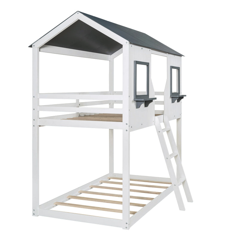 Twin Over Twin Bunk Bed Wood Bed With Roof, Window, Guardrail, Ladder White