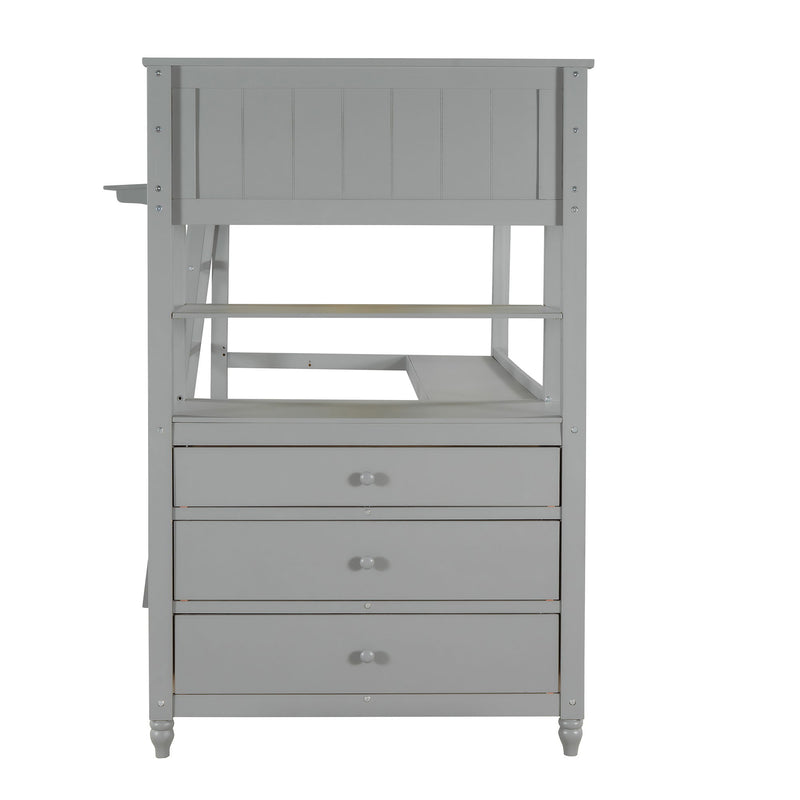 Twin Size Loft Bed With Drawers And Desk, Loft Bed With Shelves - Gray
