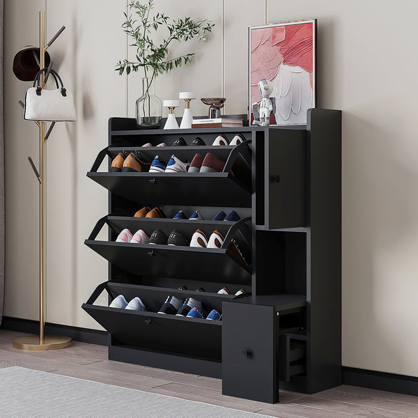 On-Trend Versatile Shoe Cabinet With 3 Flip Drawers, Maximum Storage Entryway Organizer With Drawer, Free Standing Shoe Rack With Pull-Down Seat For Hallway, Black