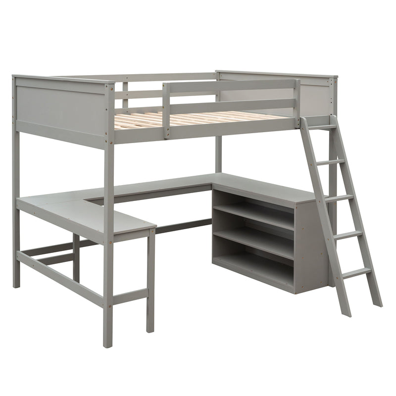 Full Size Loft Bed With Shelves And Desk, Wooden Loft Bed With Desk Gray