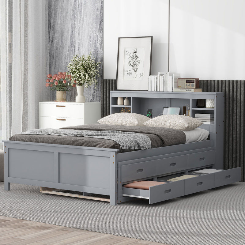 Full Size Platform Bed With Storage Headboard, USB, Twin Size Trundle And 3 Drawers, Gray